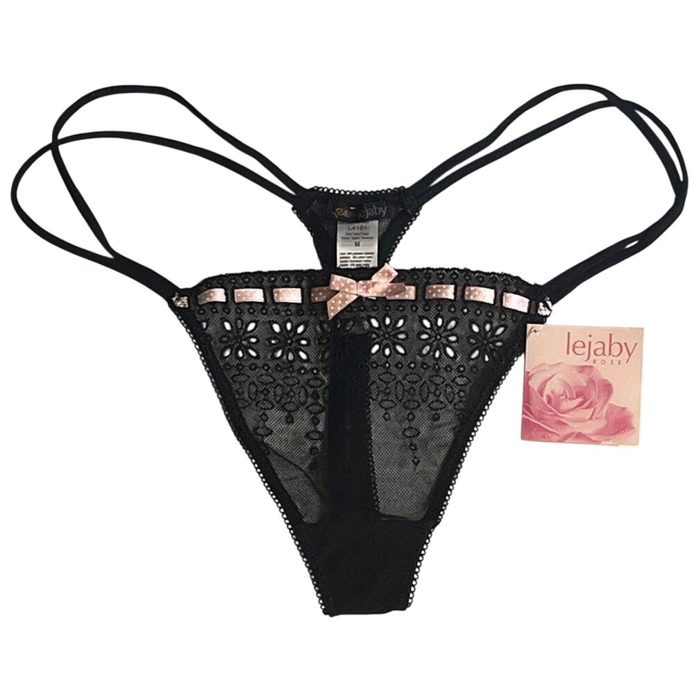 Vtg Lejaby Rose French Lingerie Black Lace Thong Panty Pink Bow NWT Medium
